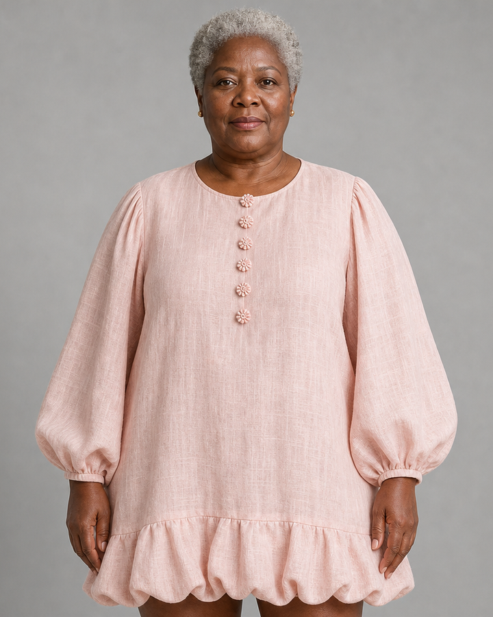 Amarachi | Pink Floral Button-front Ruffled Puff-sleeve Mini Dress