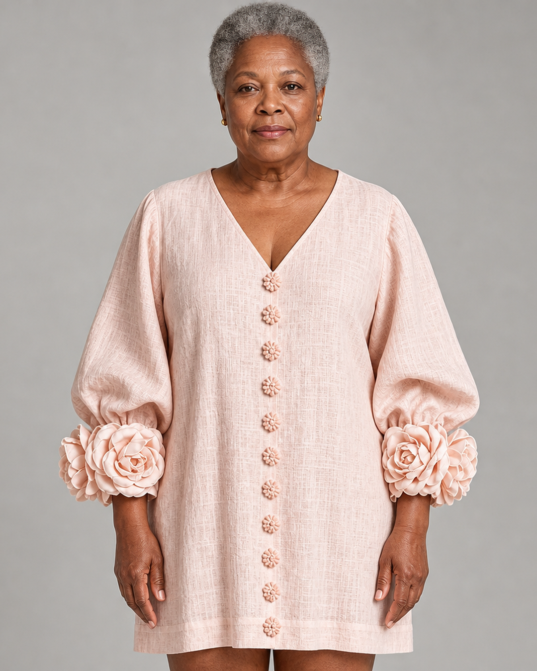 Sindiswa | Pink V-neck Floral Button-down Mini Dress With Striking Floral Cuffs