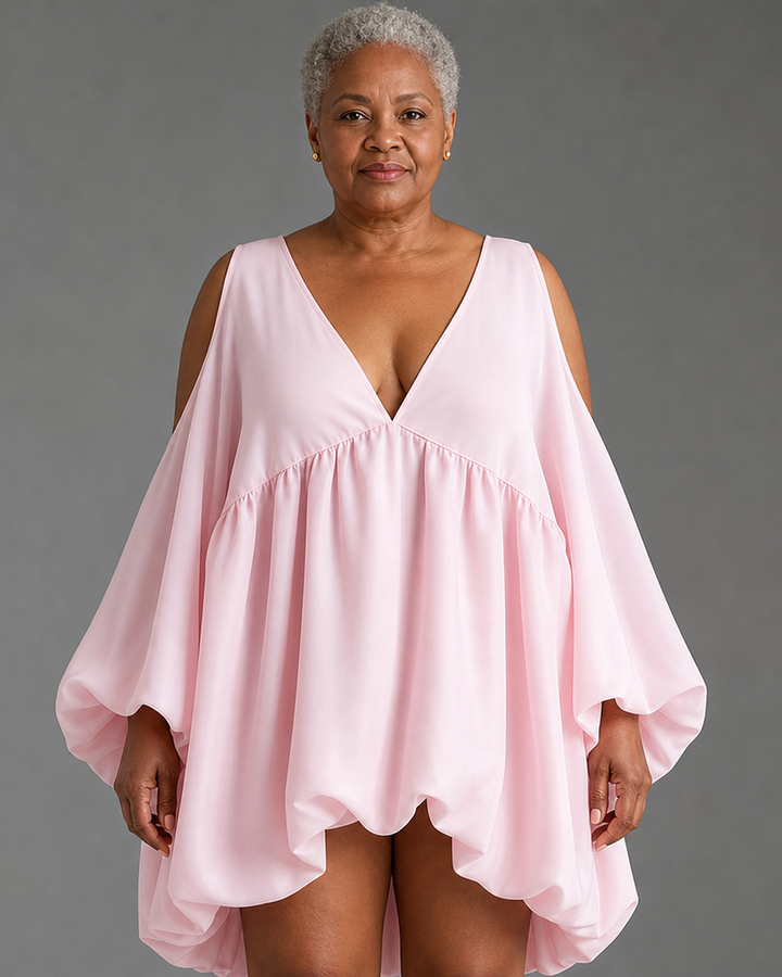 Kagendo | Baby Pink Chffion Deep V Cold Shoulder Mini Dress Puffy Balloon Sleeve Babydoll Party Dress