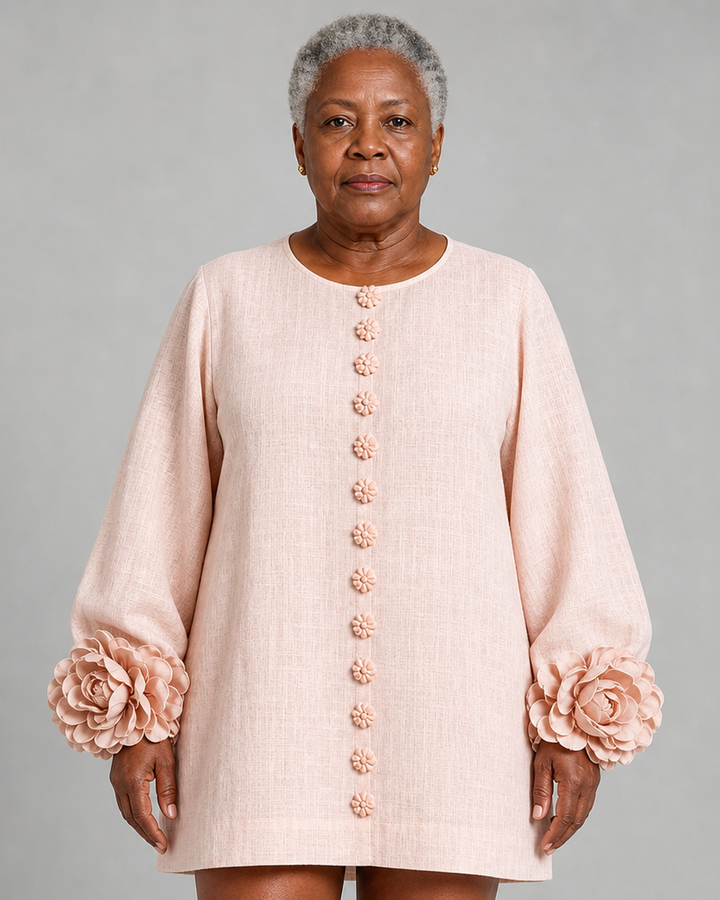 Afua | Pink Long Sleeve Floral Button-down Mini Dress With Striking Floral Cuffs(long Sleeve Edition))