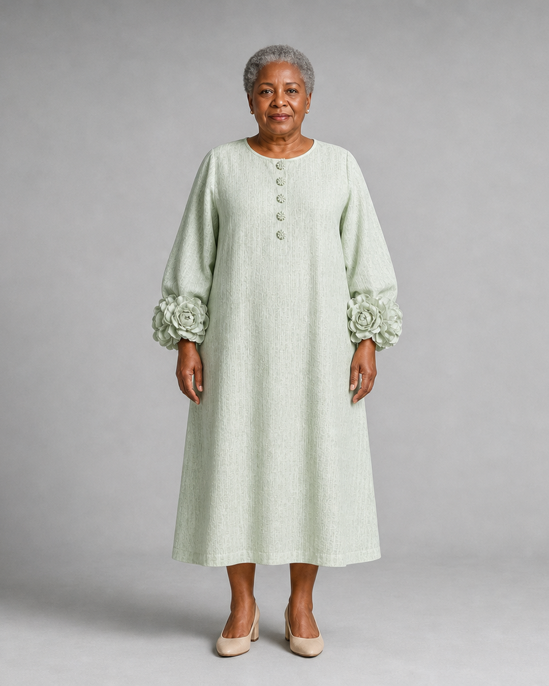 Zikora | Sage Mist Floral Button-down Midi Dress With Striking Floral Cuffs
