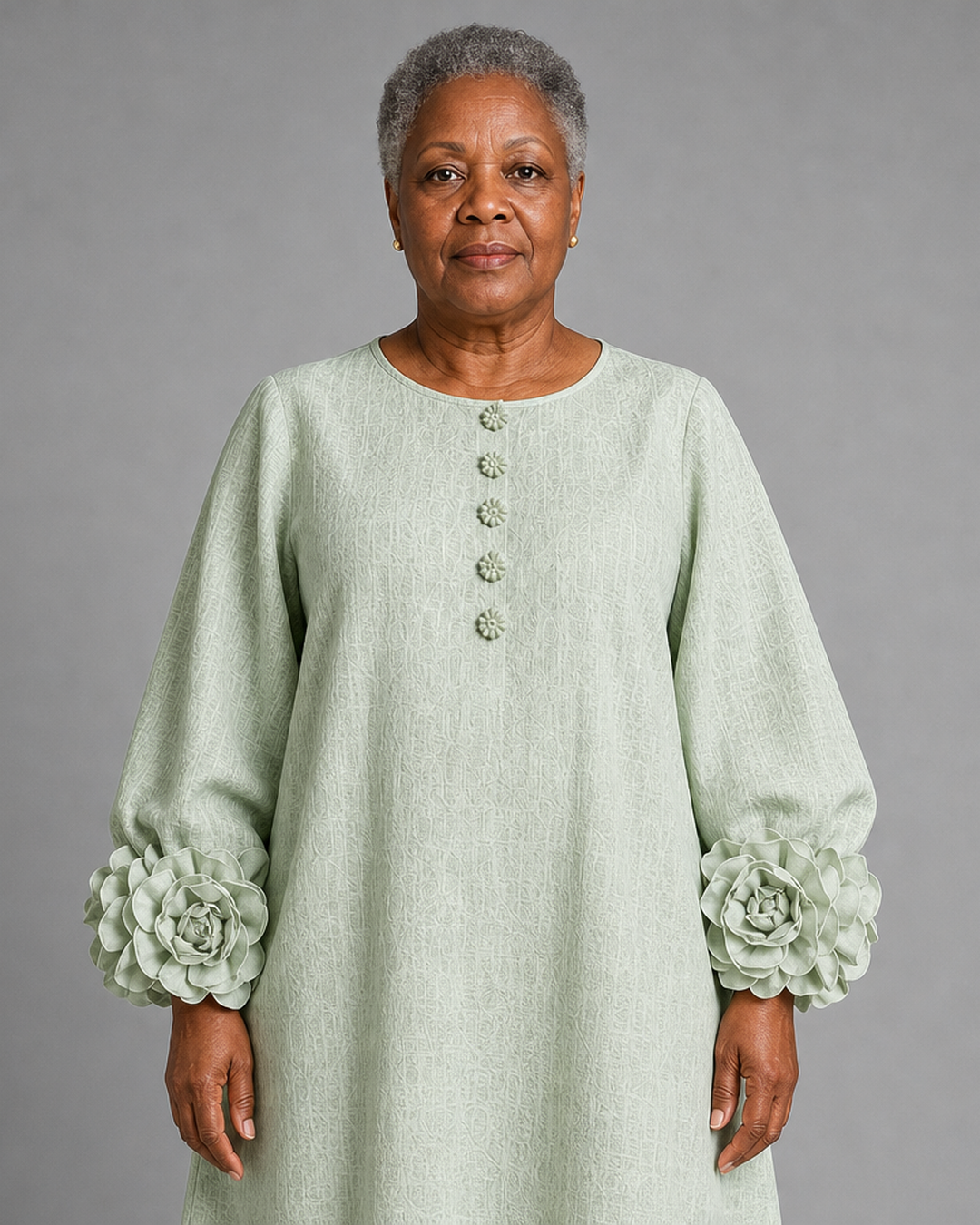 Zikora | Sage Mist Floral Button-down Midi Dress With Striking Floral Cuffs