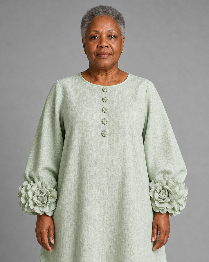 Zikora | Sage Mist Floral Button-down Midi Dress With Striking Floral Cuffs