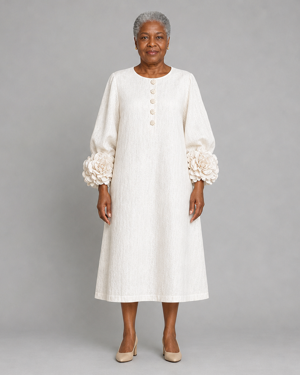Nkiru | White Floral Button-down Midi Dress With Striking Floral Cuffs
