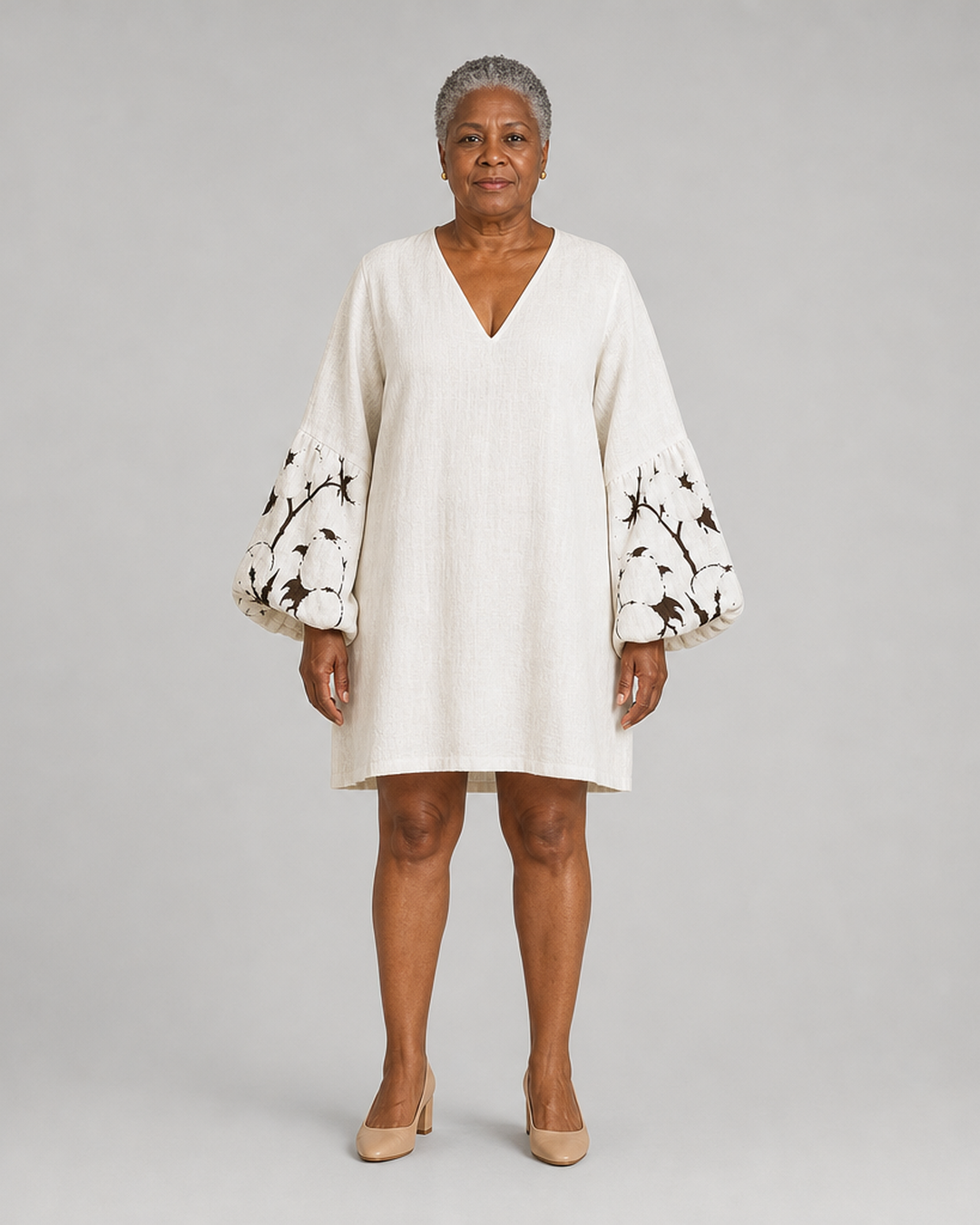 Oumoul | White V-neck Lantern Puff Sleeve Floral Print Mini Dress