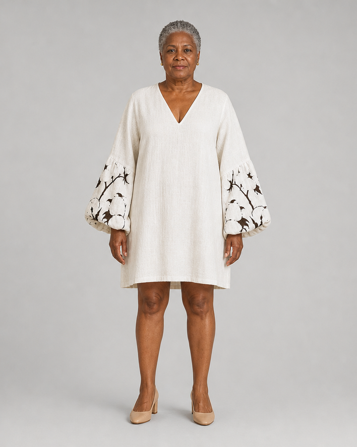 Oumoul | White V-neck Lantern Puff Sleeve Floral Print Mini Dress