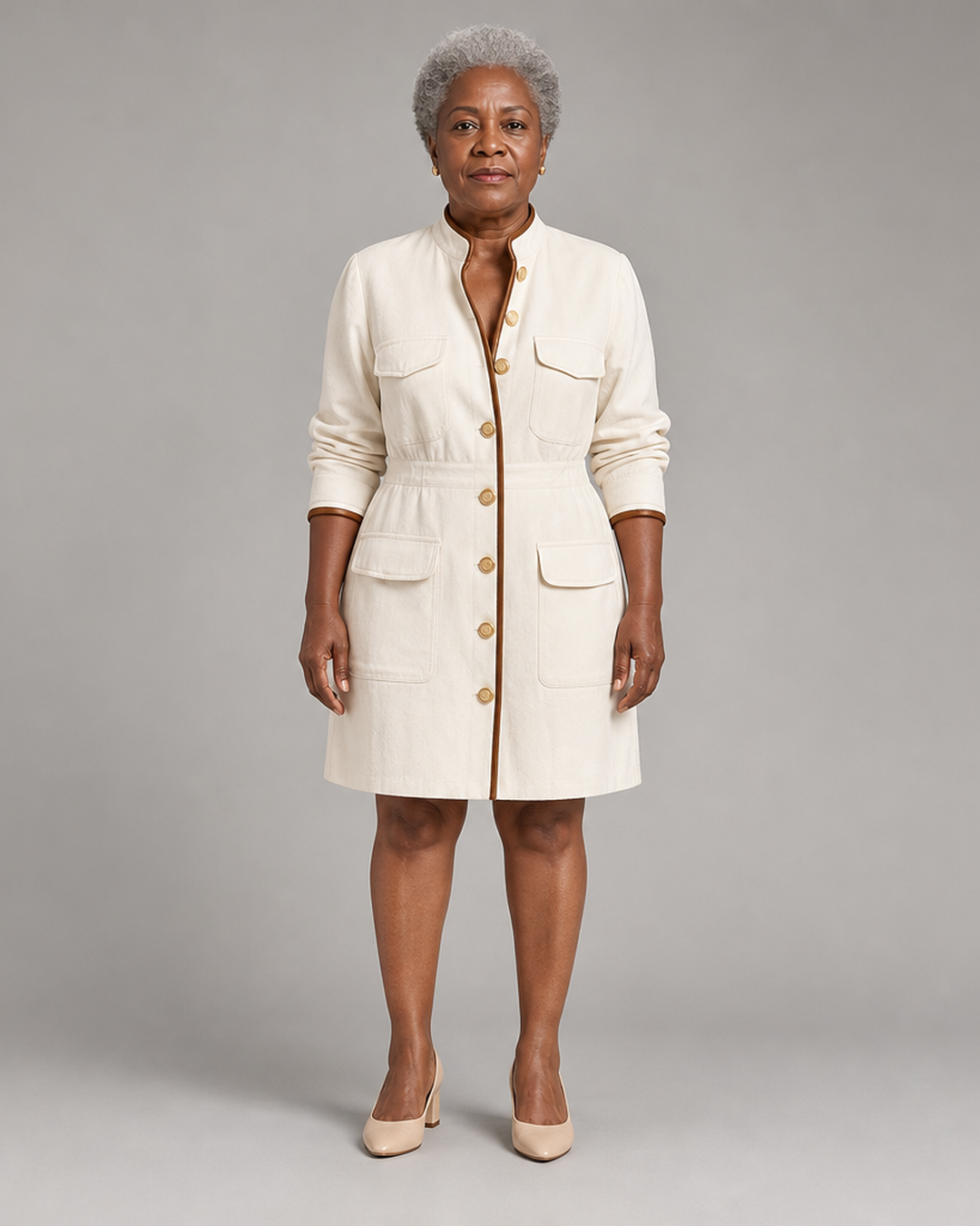Konadu | White Waist‑defined Button Design Elegant Mini Dress