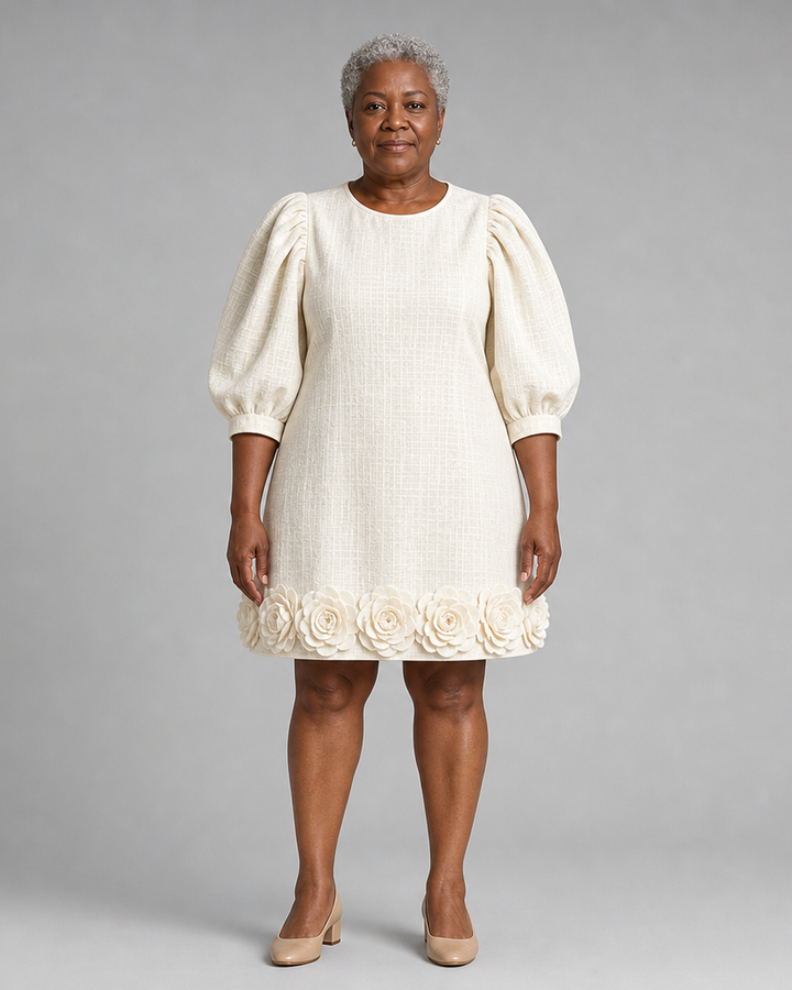 Nyameke | White 3d Floral Puff-sleeve Cotton-linen Mini Dress