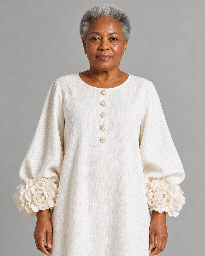 Nkiru | White Floral Button-down Midi Dress With Striking Floral Cuffs