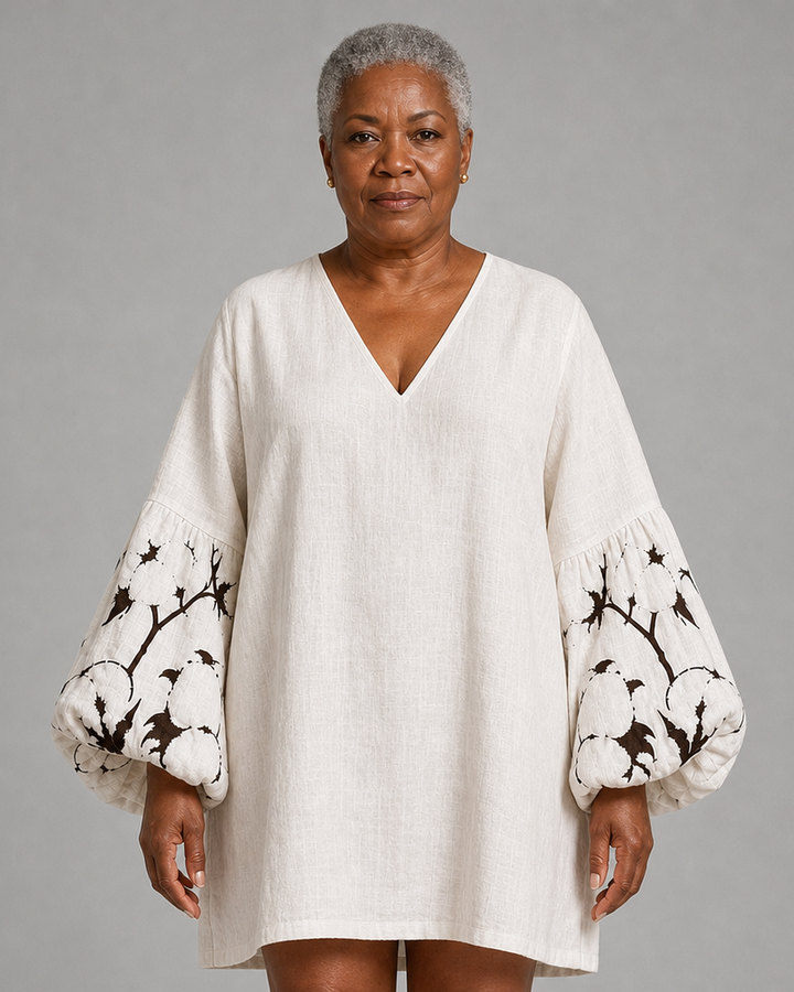 Oumoul | White V-neck Lantern Puff Sleeve Floral Print Mini Dress