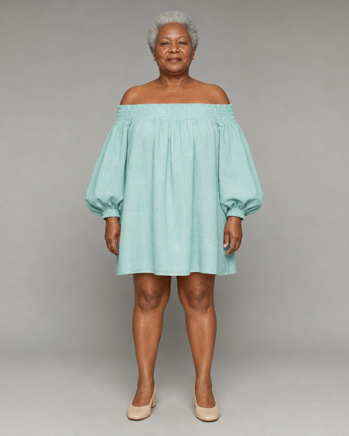Wairimu | Pink Off-shoulder Lantern Sleeve A-line Loose Mini Dress