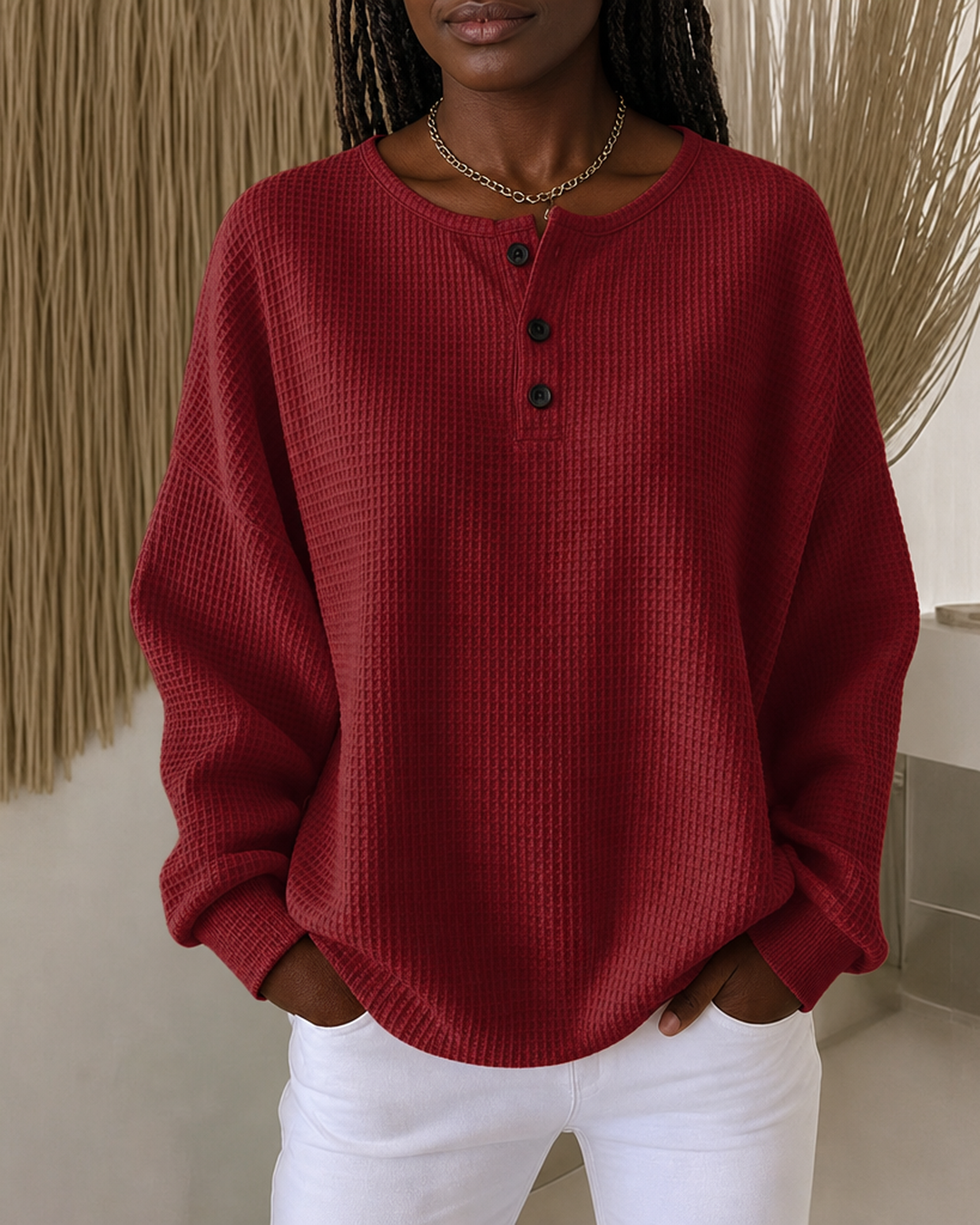 Mirabel | Cozy Waffle Henley Sweatshirt