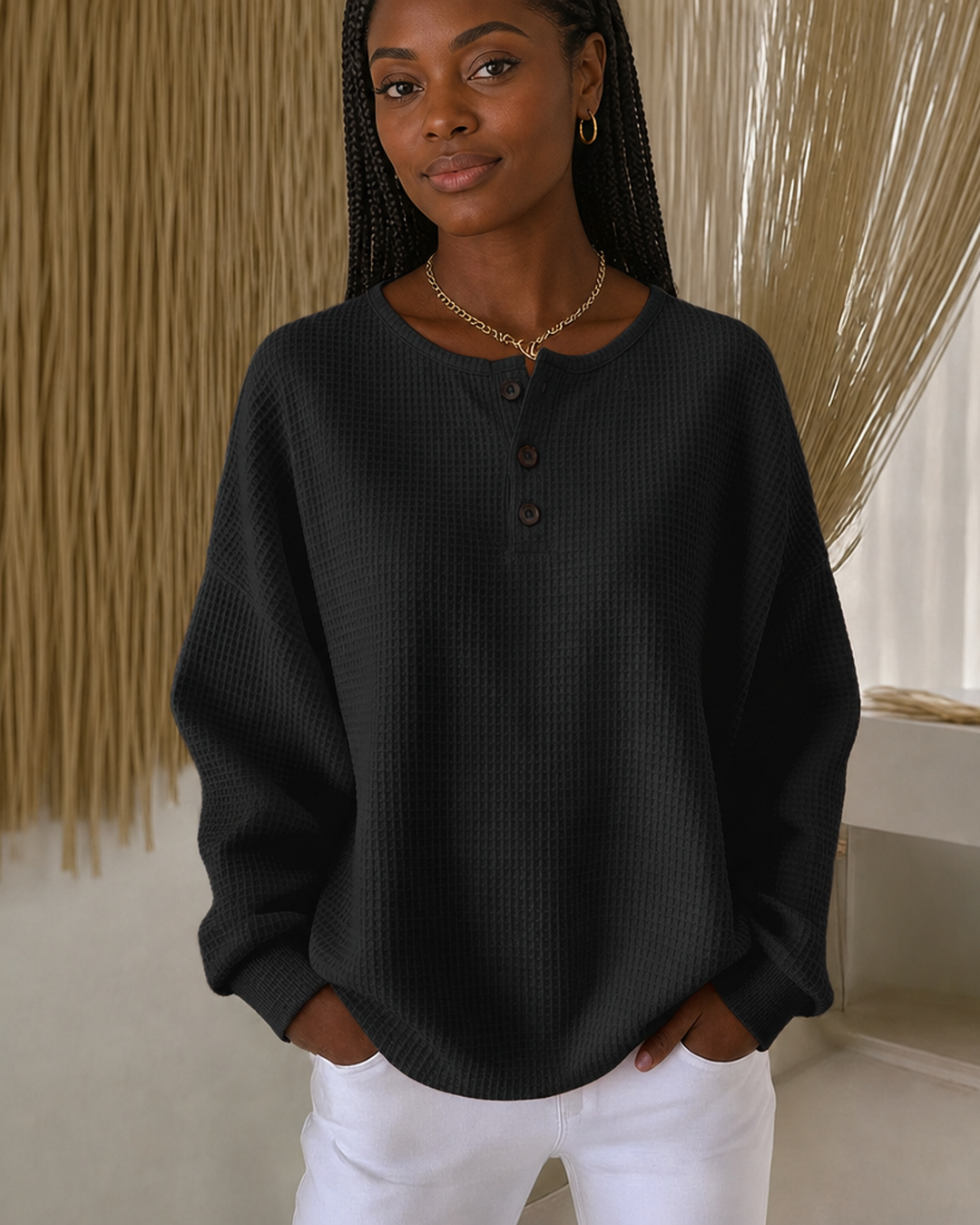Mirabel | Cozy Waffle Henley Sweatshirt