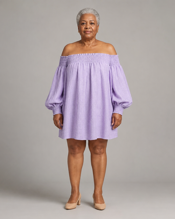 Wairimu | Pink Off-shoulder Lantern Sleeve A-line Loose Mini Dress