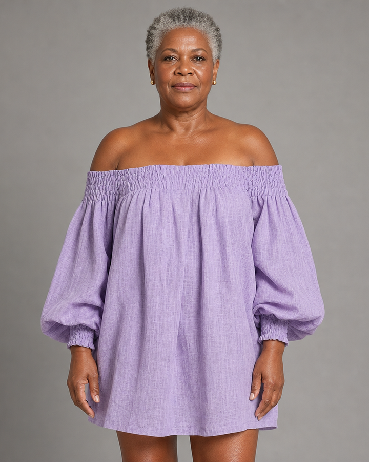 Wairimu | Pink Off-shoulder Lantern Sleeve A-line Loose Mini Dress