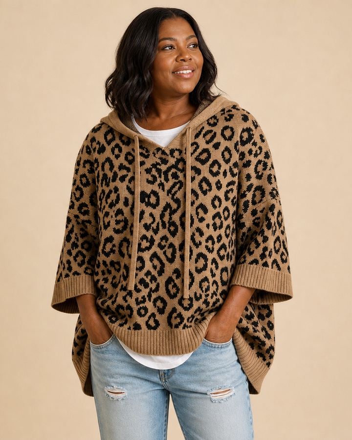 Emilia | Animal Print Knitted Hooded Poncho