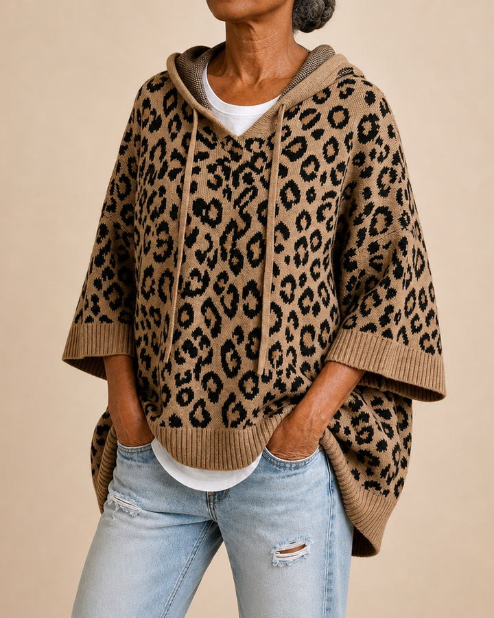 Emilia | Animal Print Knitted Hooded Poncho