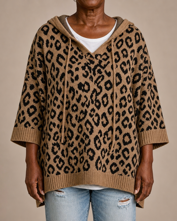 Emilia | Animal Print Knitted Hooded Poncho