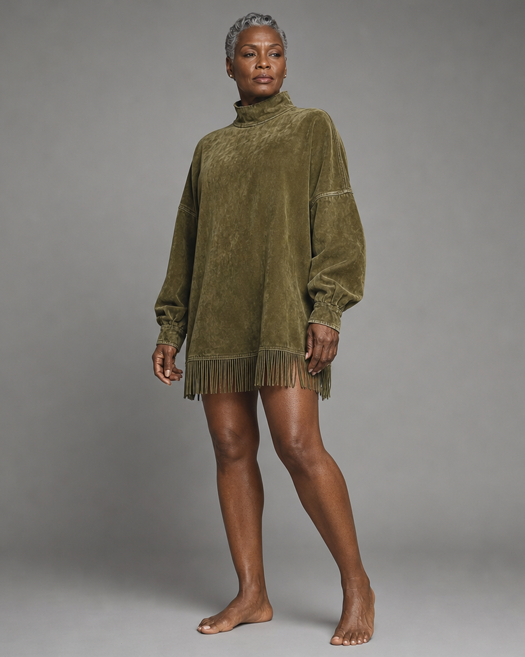 Gabrielle | Robe en Suédine à Col Montant et Franges