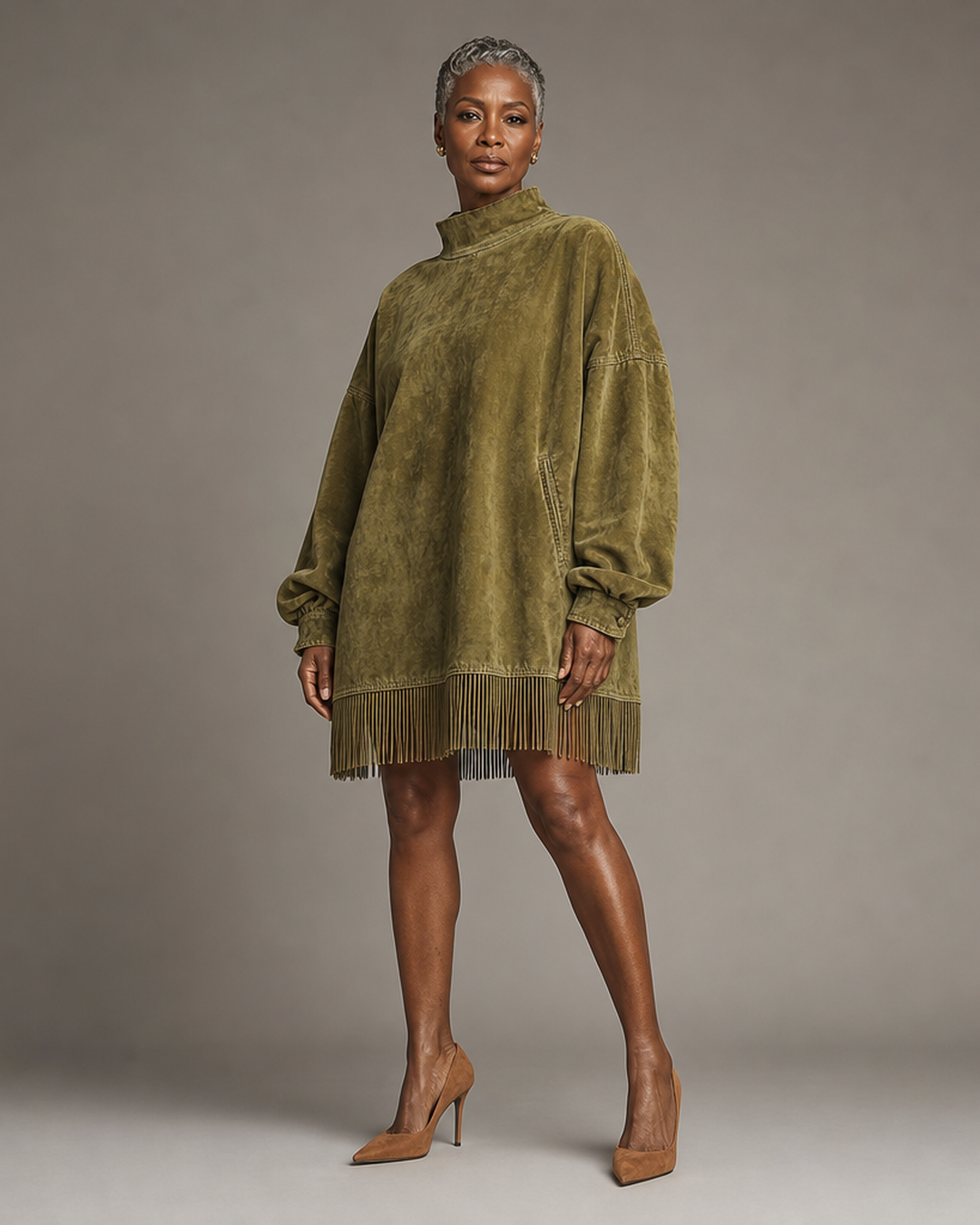 Gabrielle | Robe en Suédine à Col Montant et Franges