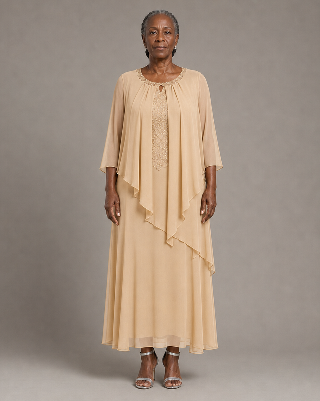Genevieve Draped Chiffon Overlay Midi Dress