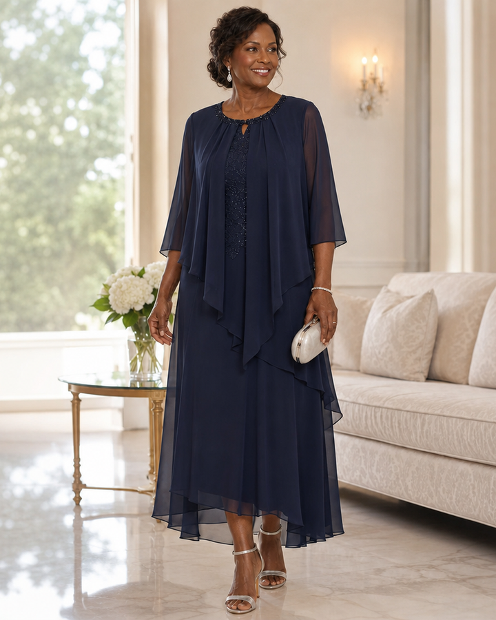 Genevieve Draped Chiffon Overlay Midi Dress
