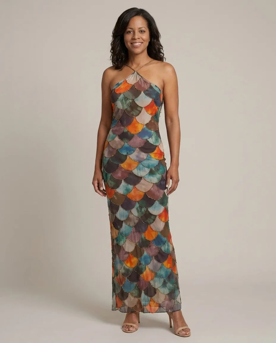 Ruby | Fitted Multicolor Scale Pattern Maxi Dress