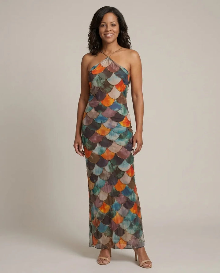 Ruby | Fitted Multicolor Scale Pattern Maxi Dress