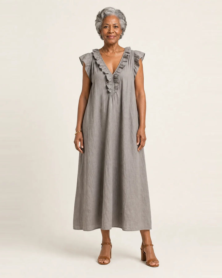Josette | Ruffle V-Neck Linen Maxi Dress — Gray