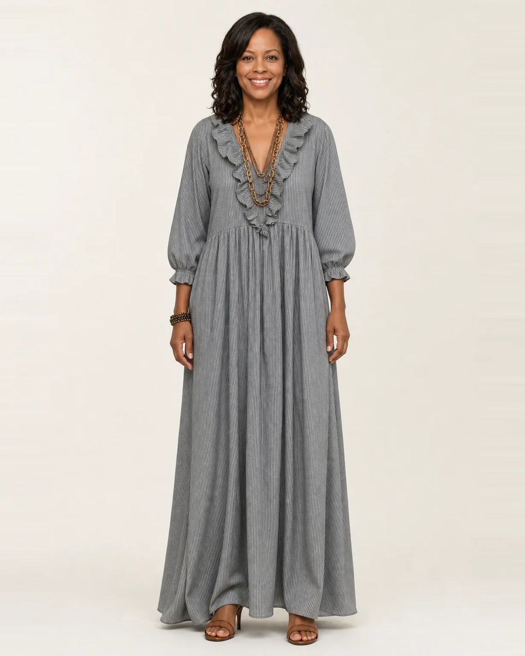 Yosetta | Ruffle V-Neck Striped Lantern-Sleeve Maxi Dress — Gray