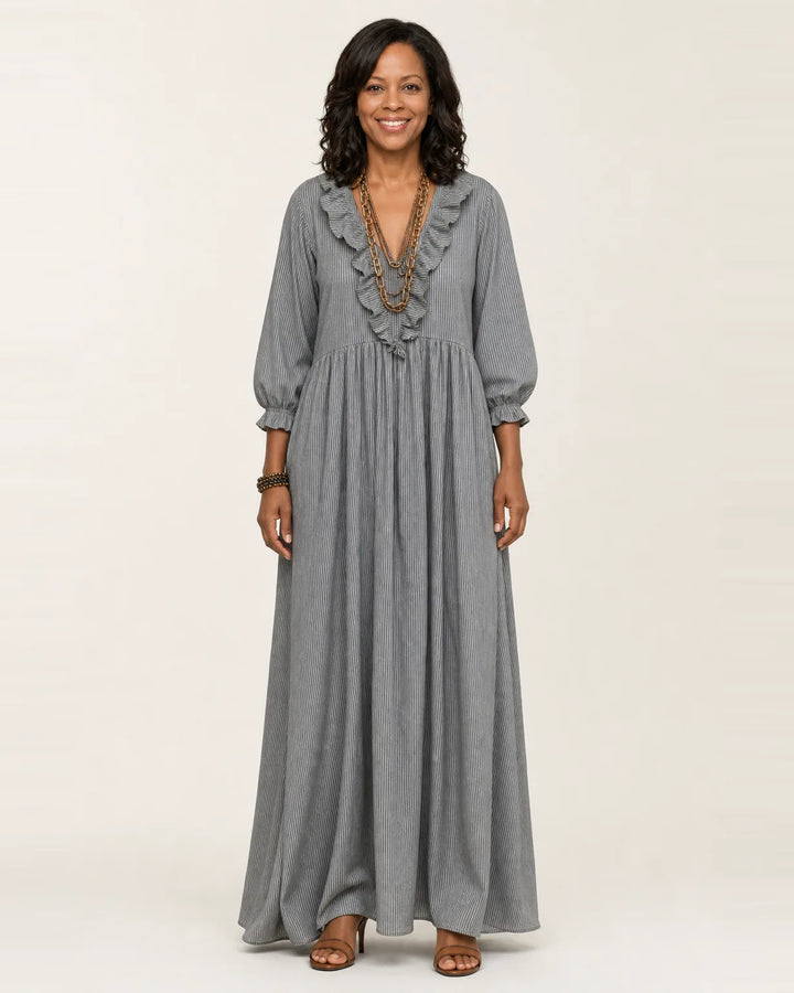 Yosetta | Ruffle V-Neck Striped Lantern-Sleeve Maxi Dress — Gray