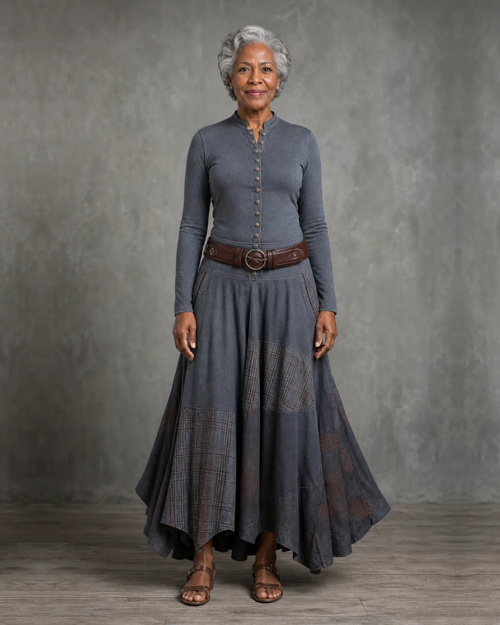 Leonora | Vintage Long Dress in Navy Blue Suede Check (Includes Belt)
