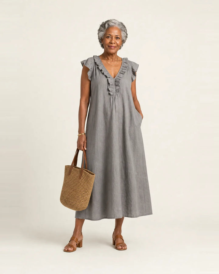 Josette | Ruffle V-Neck Linen Maxi Dress — Gray