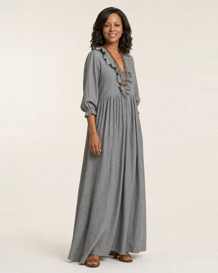Yosetta | Ruffle V-Neck Striped Lantern-Sleeve Maxi Dress — Gray