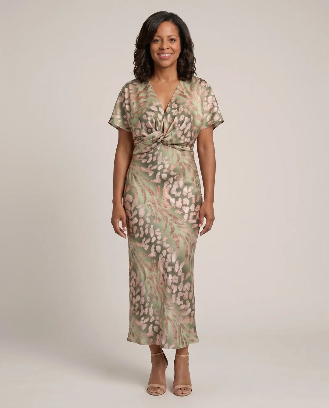 Emily | Abstract Print V-Neck Twist-Waist Midi Dress