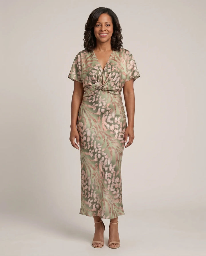 Emily | Abstract Print V-Neck Twist-Waist Midi Dress