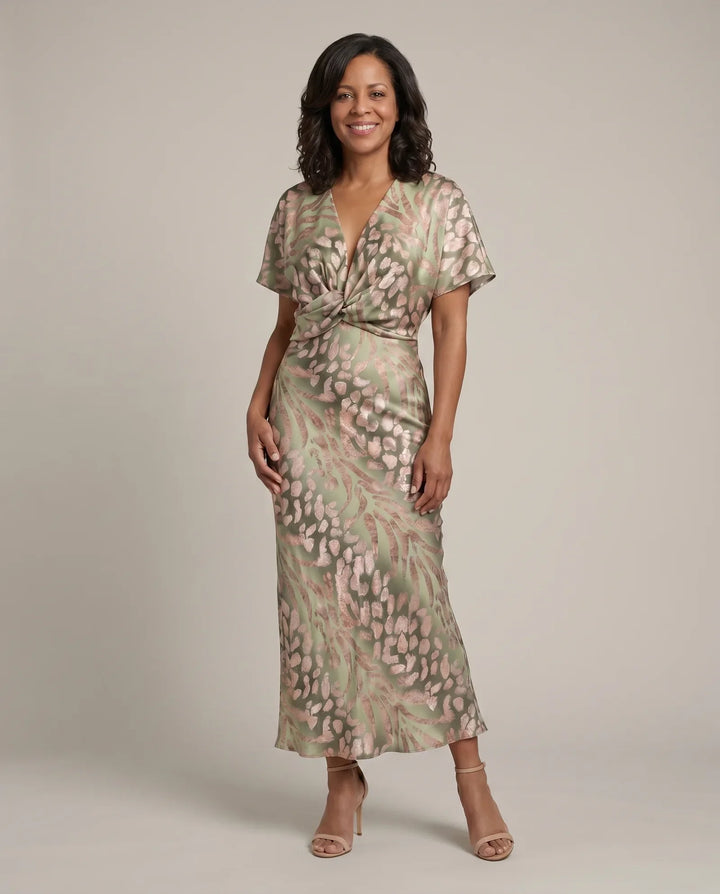 Emily | Abstract Print V-Neck Twist-Waist Midi Dress