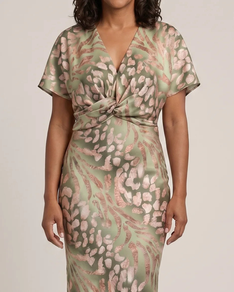 Emily | Abstract Print V-Neck Twist-Waist Midi Dress