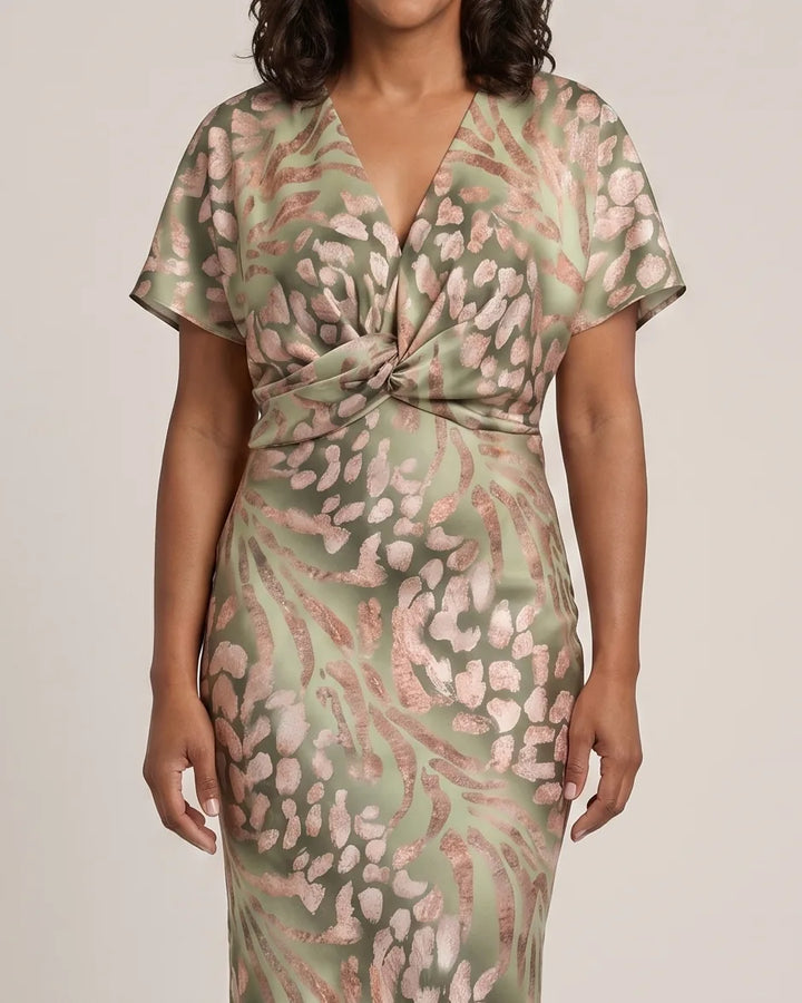 Emily | Abstract Print V-Neck Twist-Waist Midi Dress