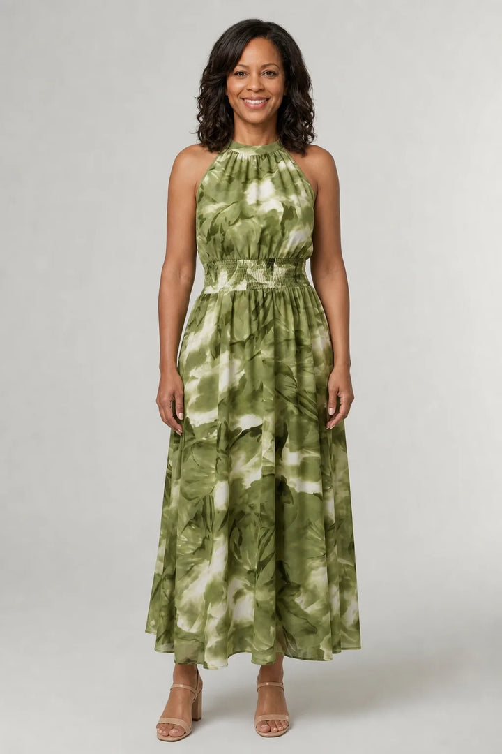 Sylin | Gathered Halter Midi Dress — Green