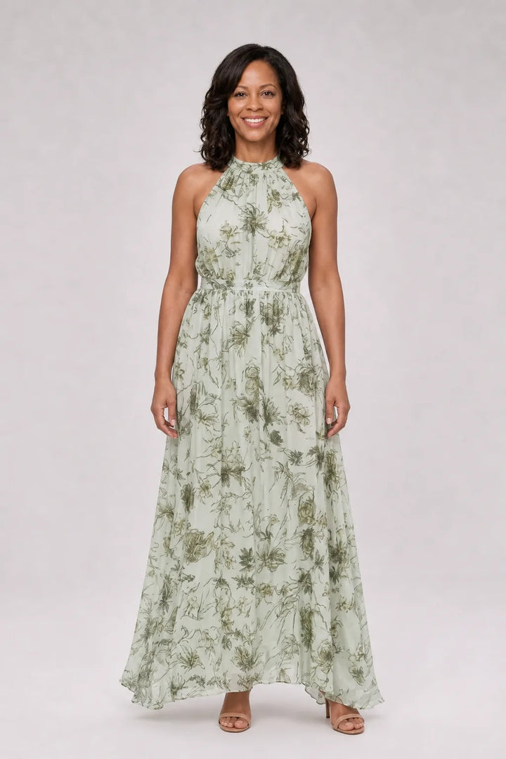 Guinevere | Floral Print Flowing Skirt Midi Dress — Green