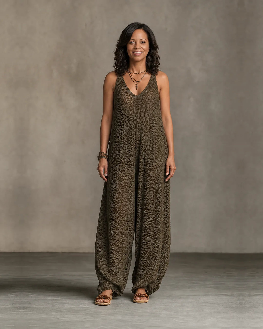 Aaliyah | Bohemian Relaxed Sleeveless Wide-Leg Olive Knit Maxi Dress