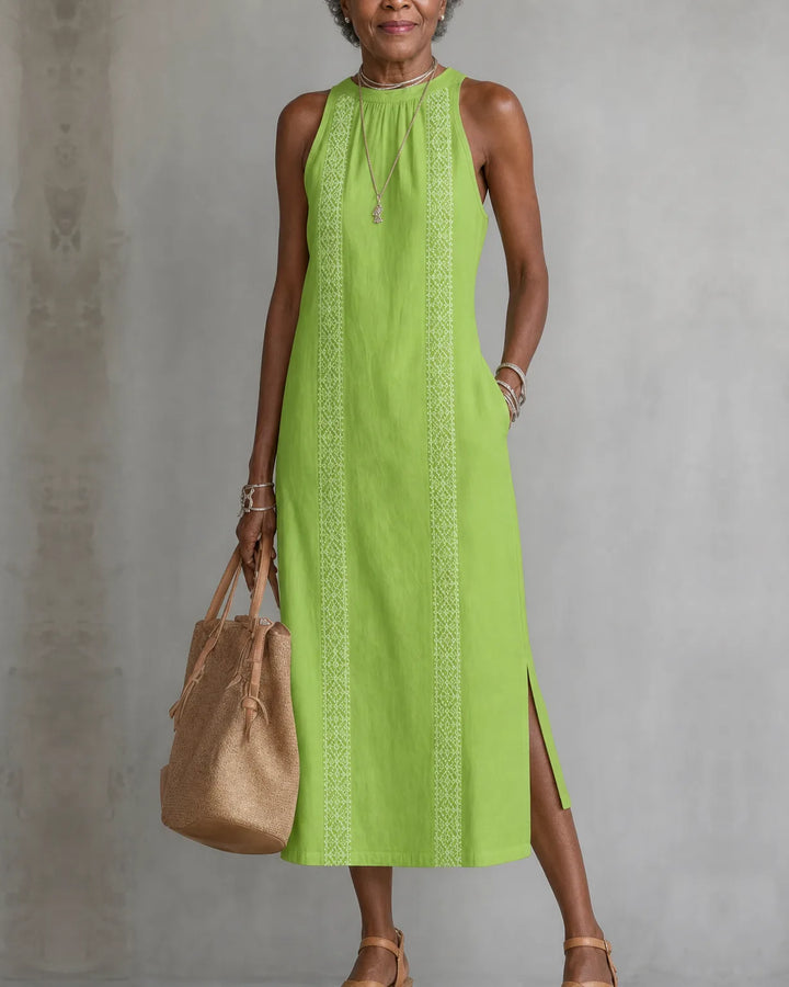 Jimena | Embroidered Mandarin-Collar Midi Dress