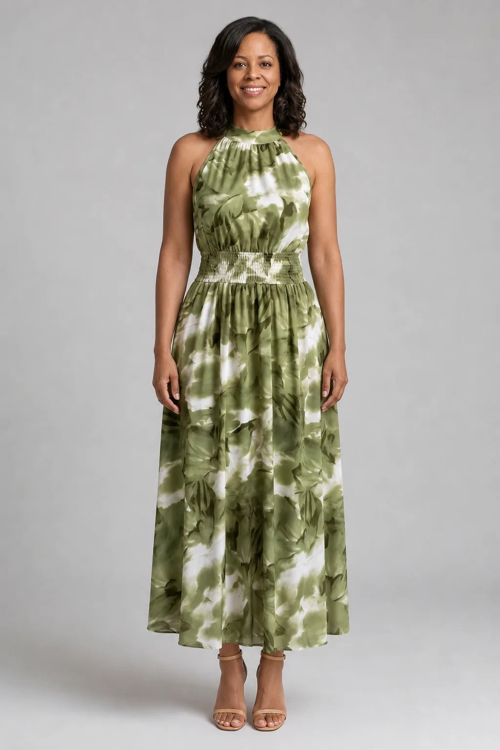 Olivia | Gathered Waist Abstract Print Midi Dress — Green