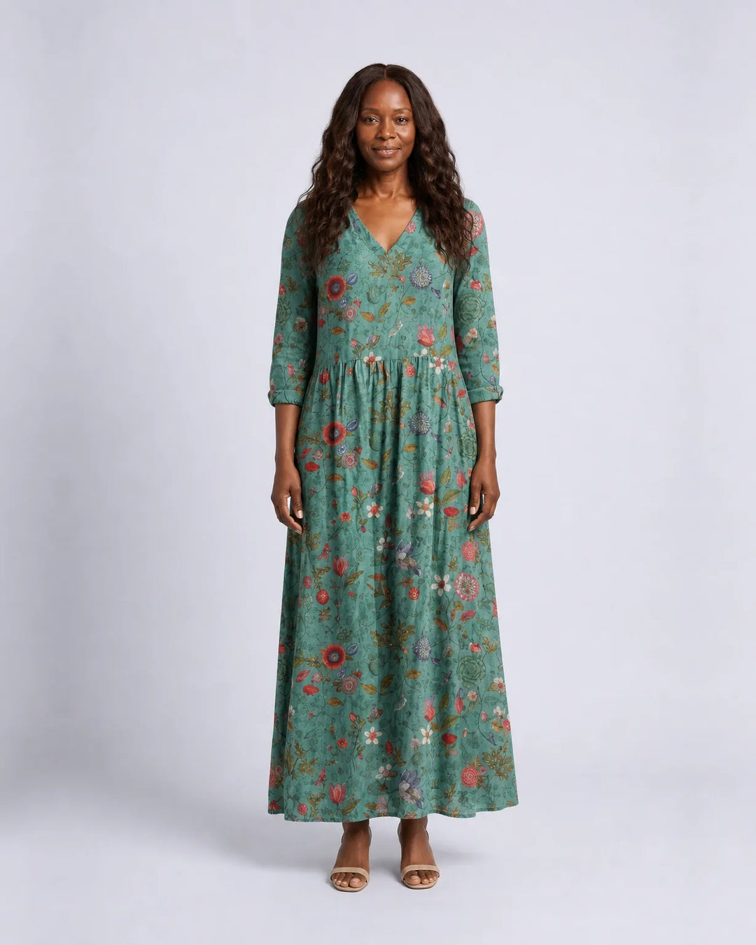 Marina | Floral V Neck Three Quarter Sleeve Maxi Dress
