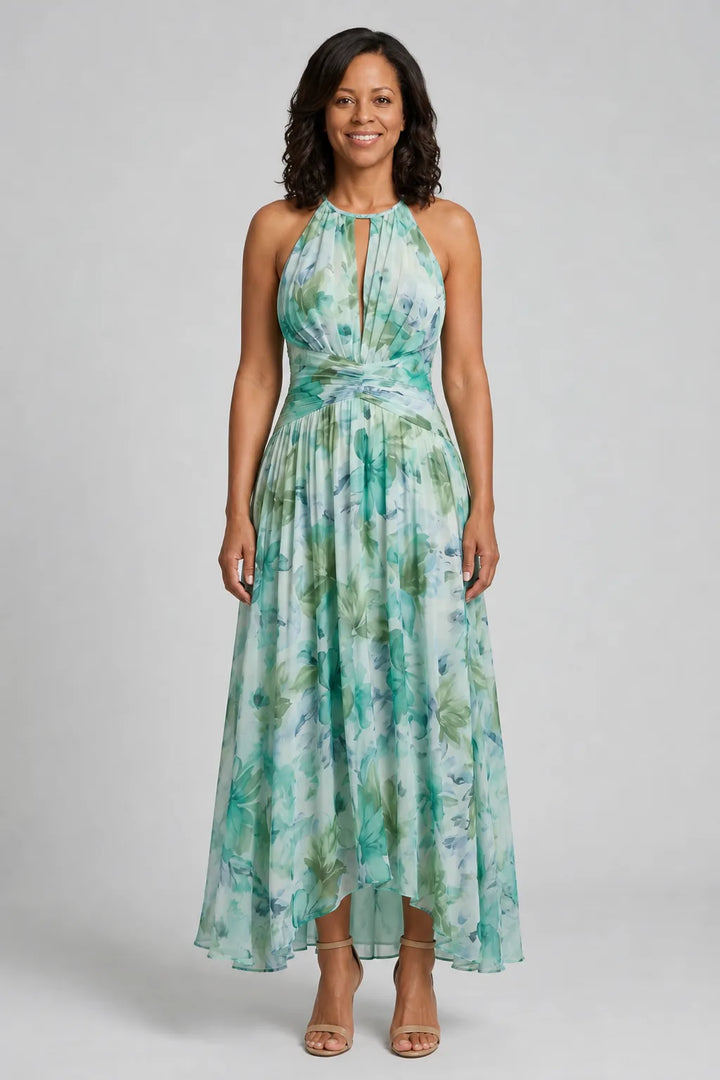 Portia | Pleated Halter Soft Floral Pattern Midi Dress — Green