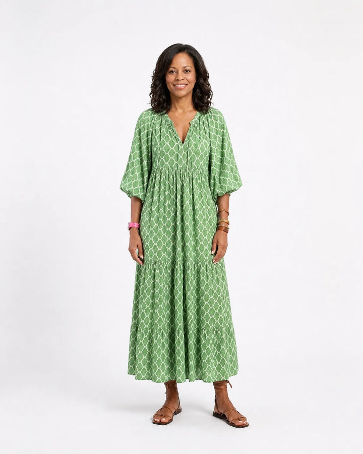 Apolline | Three Quarter Sleeve V Neck Patterned Midi Dress