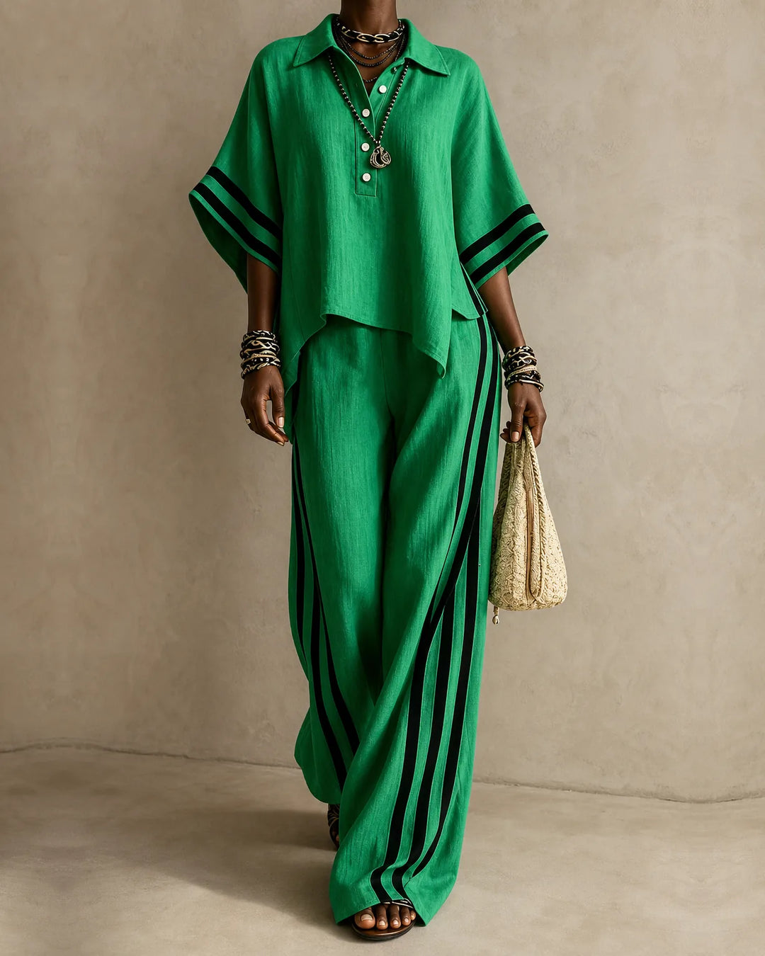 Naima | Polo Collar Top & Side-Stripe Wide-Leg Set