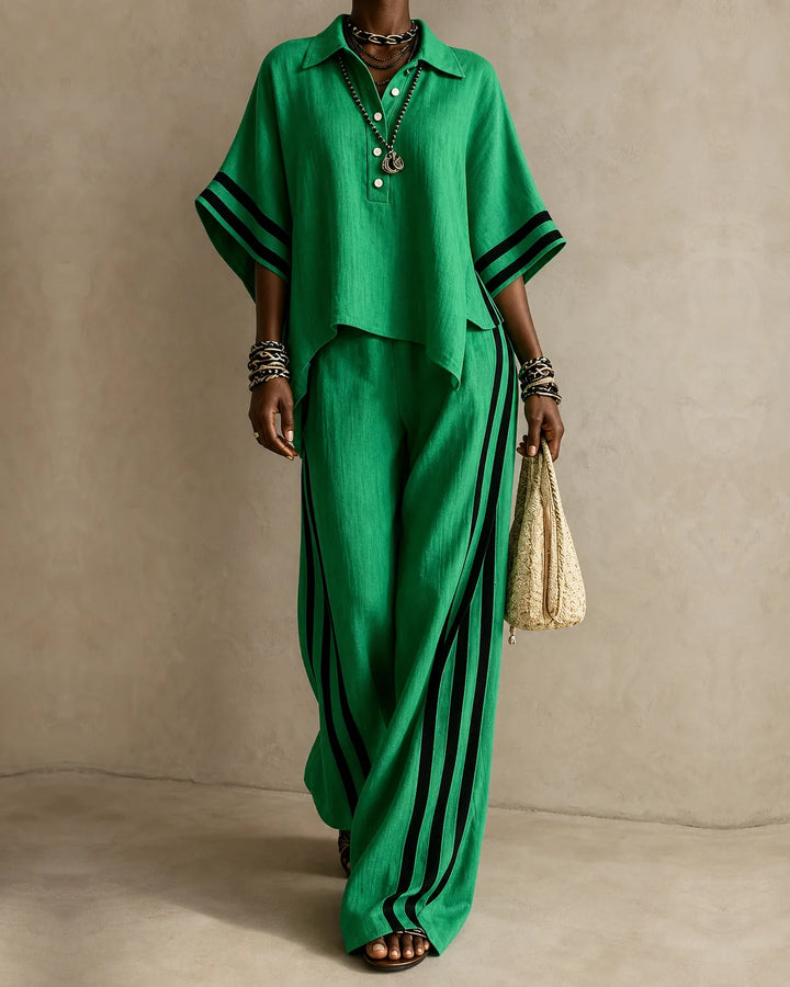 Naima | Polo Collar Top & Side-Stripe Wide-Leg Set