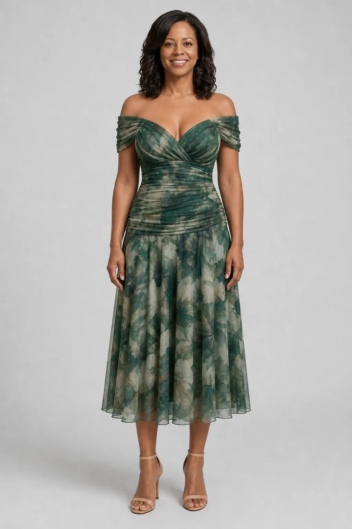 Calen | Off Shoulder Flow Midi Dress — Green